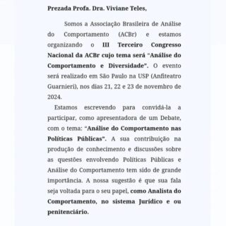 Muito honrada e feliz, por um convite de tamanha relevância junto a comunidade científica da Análise do Comportamento Brasileira.

Ser convidada por pares, pela inovação, impacto e resultados do Projeto Contacto, enquanto referência na Psicologia Jurídica exclusivamente Skinneriana, nos aponta que temos muito a crescer, aprender e principalmente continuar a produzir conhecimento científico ético e replicável na promoção e salvaguarda de direitos de crianças e adolescentes, em qualquer contexto.

Estamos prontos, amadurecidos e desafiados para mais esta etapa!!!

Obrigada a todos que fazem a ciência acontecer junto com a gente!

@dravivianetelespsi