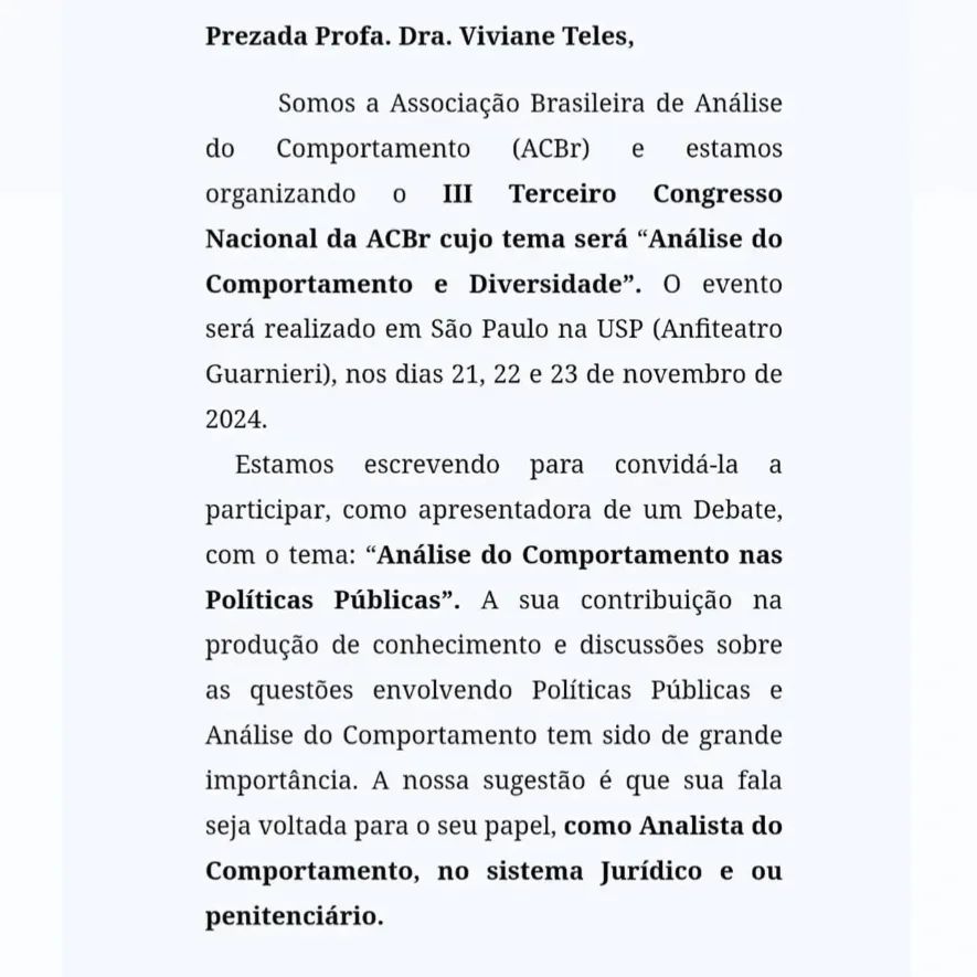 Muito honrada e feliz, por um convite de tamanha relevância junto a comunidade científica da Análise do Comportamento Brasileira.

Ser convidada por pares, pela inovação, impacto e resultados do Projeto Contacto, enquanto referência na Psicologia Jurídica exclusivamente Skinneriana, nos aponta que temos muito a crescer, aprender e principalmente continuar a produzir conhecimento científico ético e replicável na promoção e salvaguarda de direitos de crianças e adolescentes, em qualquer contexto.

Estamos prontos, amadurecidos e desafiados para mais esta etapa!!!

Obrigada a todos que fazem a ciência acontecer junto com a gente!

@dravivianetelespsi